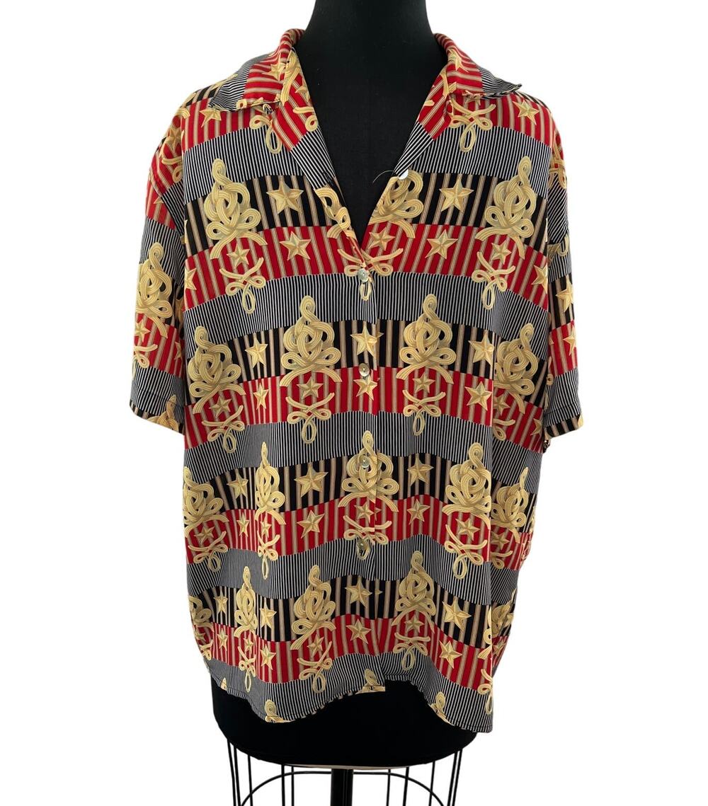 LE CAVIAR Red Black Print Short Sleeve Button-Down Collared Shirt Sz L VINTAGE